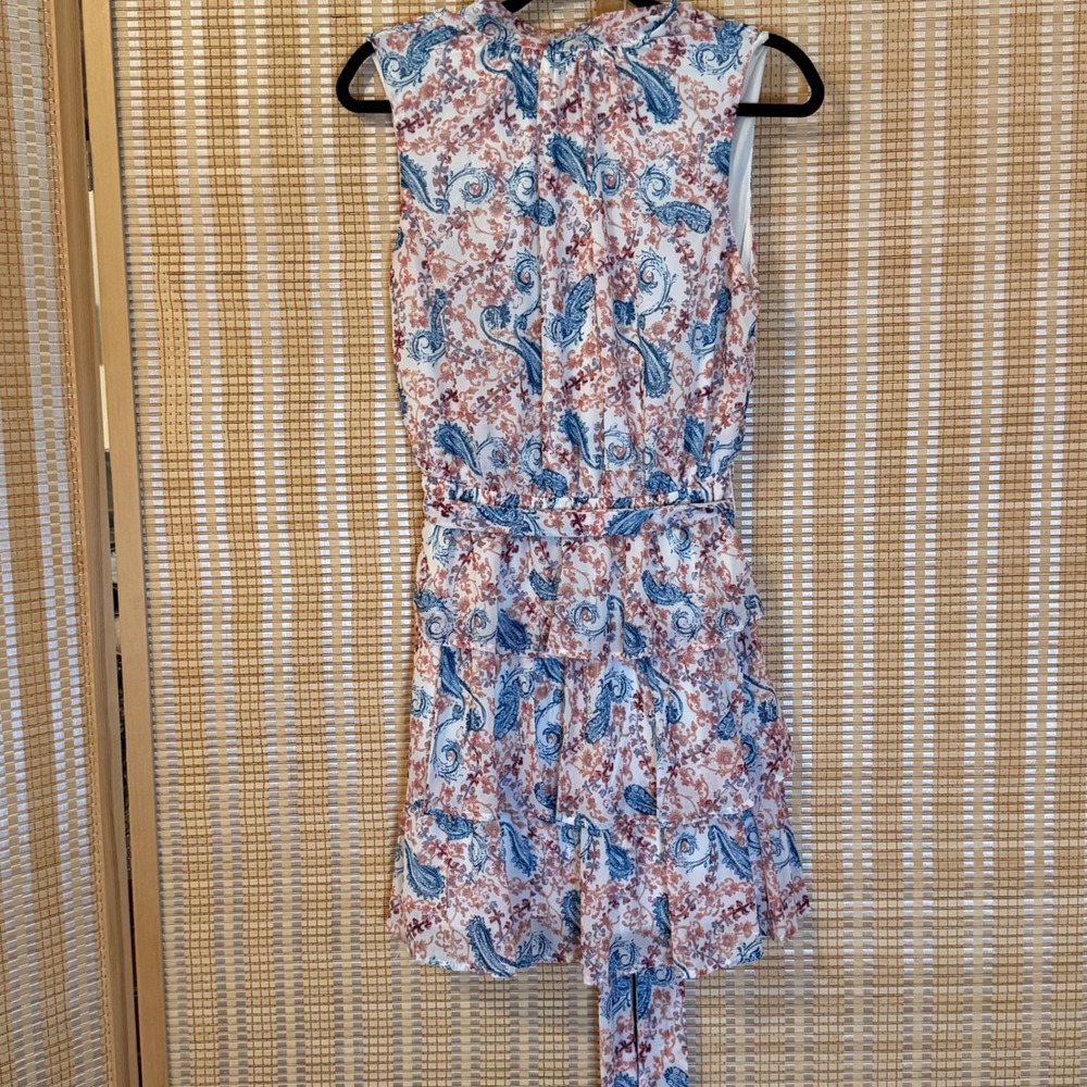 Pink Lily Paisley Ruffle Tiered Mini Dress Blue Coral Tie Neck Sleeveless M